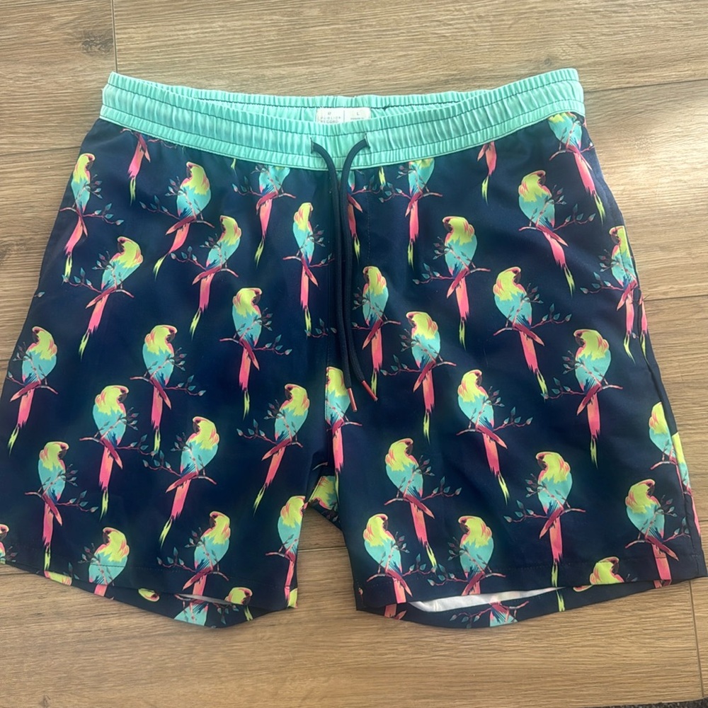 Public Record Parrot Patterned Swim Trunks. Size L